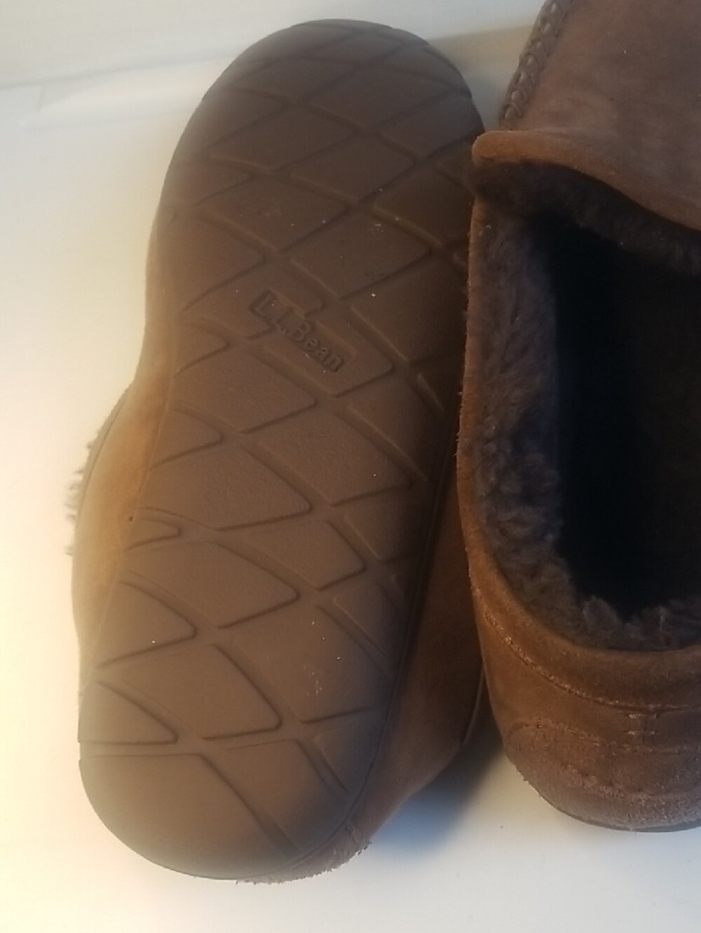 L.L. Bean Men's Brown Suede Moccasin Slippers - Dark Brown Lined Slip-Ons - Picture 8 of 10